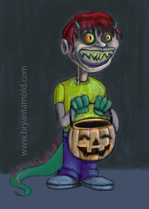 Kid Monster in a Human Costume Trick or Treating on Halloween