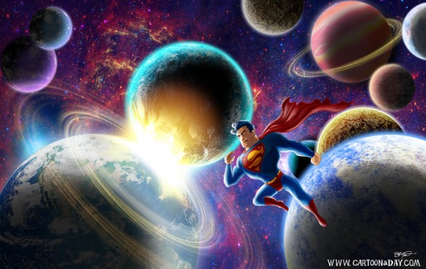 superman flying up in space